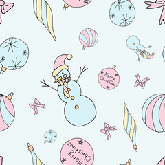 Christmas festive seamless pattern on a blue background with an ornament in yellow, pink and blue