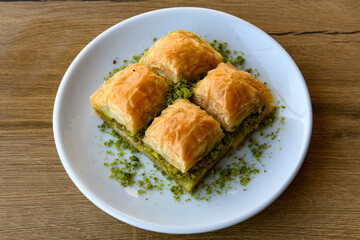 Pistachio baklava. Traditional Middle Eastern Flavors. Traditional Turkish baklava. Local name fistikli baklava