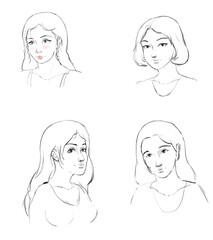 Girls, black line sketch of different girls characters for graphic design.