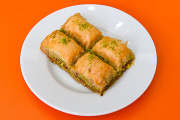 Pistachio baklava. Traditional Middle Eastern Flavors. Traditional Turkish baklava. Local name fistikli baklava