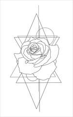 Black and white illustration. Rose with geometry. Design for tattoo, logo, typography. Vector.