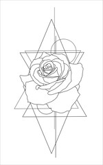 Black and white illustration. Rose with geometry. Design for tattoo, logo, typography. Vector.