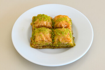 Pistachio baklava. Traditional Middle Eastern Flavors. Traditional Turkish baklava. Local name fistikli baklava