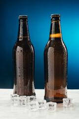 Beer bottle with ice. chilled beer