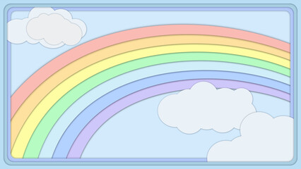 A rainbow in the sky is the highlight of the vector illustration. Clouds are floating. Paper cut style. Gentle, colorful, fun, colorful background for web design and for presentations. Perimeter frame