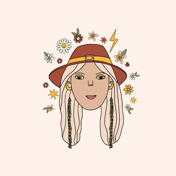 Groovy baby. Girl in brown hat retro hippie style for T-shirt, posters, cards. Girl face portrait retro 70s style. girl's face surrounded by flowers