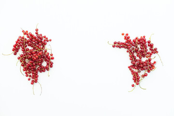 Ripe red currant berries on white background. Harvesting farm organic