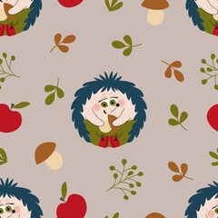 Seamless vector background with cute hedgehog. Endless pattern on a gray background. A hand-drawn character for textiles, packaging, paper. Seamless Repeat Pattern. Cartoon doodles.