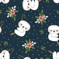 Endless pattern with cute sloth on dark background. A hand-drawn character for textiles, packaging, paper. Seamless vector background. Seamless Repeat Pattern. Cartoon doodles.