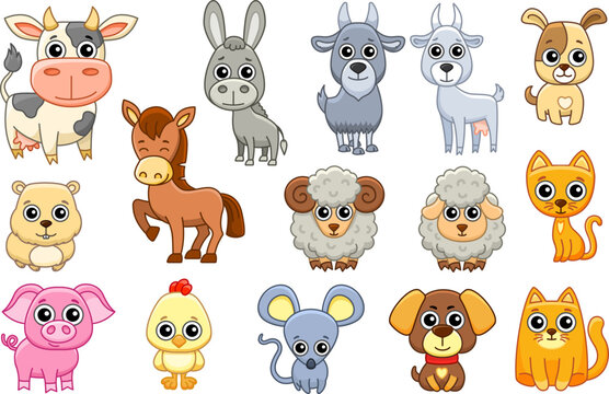 Set of cute farm animals isolated on a white background. Vector illustration