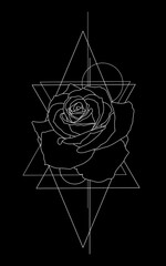 Black and white illustration. Rose with geometry. Design for tattoo, logo, typography. Vector.