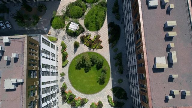 Drone aerial view modern building Residential complex Faina Town. Construction of residential premises. Kyiv capital of Ukraine