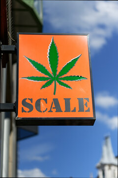 Cologne, Germany, August 03, 2022: Scale headshop advertising sign with a hemp leaf at Ehrenstrasse in Cologne
