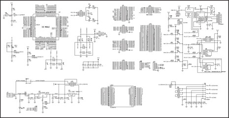 The electrical schematic diagram of a digital-analog
information output device operating under the control of a microcontroller.
Vector drawing of printed circuit board conductors. - obrazy, fototapety, plakaty