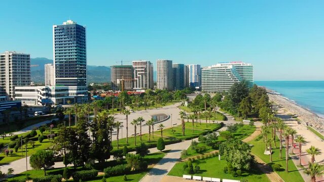 Panoramic View to Batumi coast and tourist attractions with black sea background. Vacation holidays in caucasus. Georgian vegas.