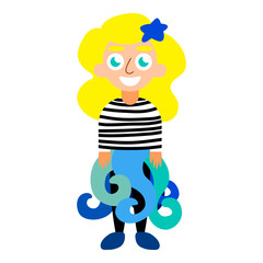 Girl in unusual marine costume for Halloween vector illustration. Blonde girl with sea star in hair, sailor shirt and blue-green tentacles isolated on white. Crazy mermaid or sailor costume vector