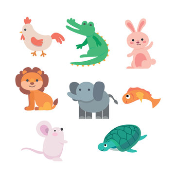 Cute animal illustration for kids. Collection of chicken, crocodile, rabbit, lion, elephant, fish, mouse, turtle illustration.