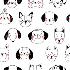 Childish seamless pattern with hand drawn dogs faces. Doodle style. Cartoon puppy. Different breeds of dogs. Black and white vector illustration.
