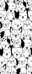 Cute dog faces. Doodle vector seamless pattern. Cartoon puppy. Black and white illustration.