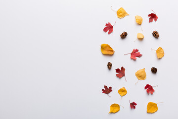 Autumn composition. Pattern made of dried leaves and other design accessories on table. Flat lay, top view