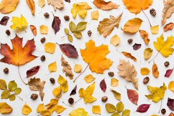 Autumn composition. Pattern made of dried leaves and other design accessories on table. Flat lay, top view