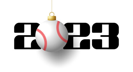 Baseball 2023 Happy New Year. Sports greeting card with baseball ball on the luxury background. Vector illustration.