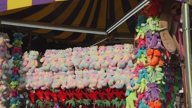 This video shows a display of carnival fair plush animal prizes hanging under a classic tent.