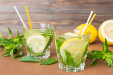 Mojito summer refreshing cocktail with ice and mint. mojito cocktail with lime, lemon and mint in a tall glass with a stick