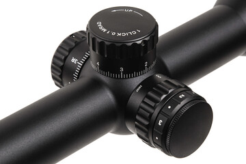 Modern black optical sight. Optical device for aiming at long distances. Isolate on a white back