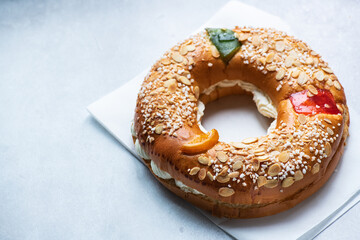 Roscon de Reyes - traditional Spanish Christmas baking. Copy space.