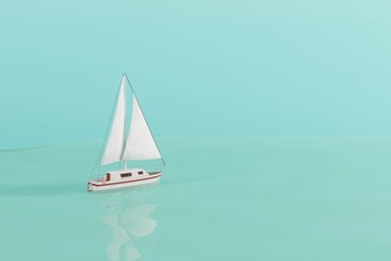 Sailboat in the sea, lake. Sports concept, vacation. Use of boats, sailboats. 3d render, 3d illustration.