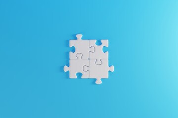 White puzzle pieces stacked up on a blue background. Business concept, method development, creativity. 3d render, 3d illustration.