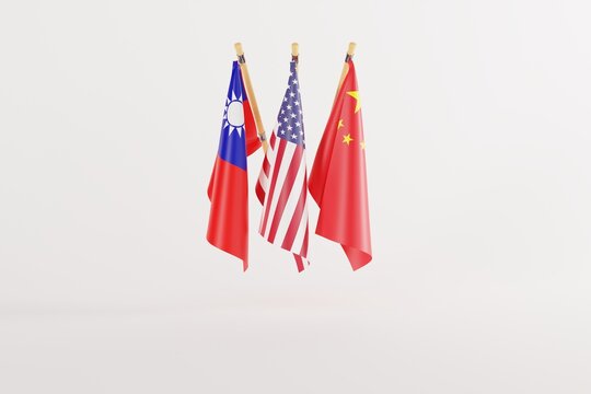 Taiwan, China and USA flag on light background. Conflict with China concept, United States supporting Taiwan. Threats of war with China. 3D render, 3D illustration.