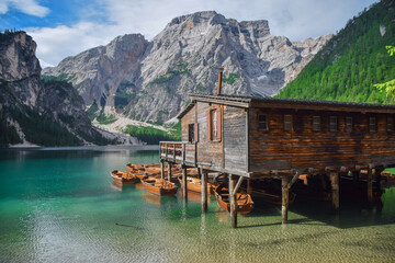 Braies lake, view from the hut with the pier