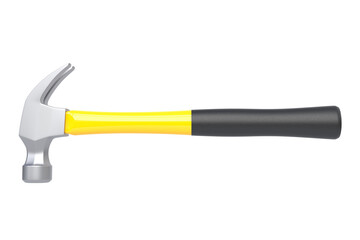 Claw hammer with yellow plastic handle isolated on white background. Front view. 3d rendering illustration