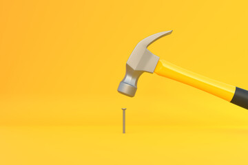 Hammer with a steel head and a yellow plastic handle banging a small screw on yellow background. Front view, minimalism. Copy space. 3d rendering illustration