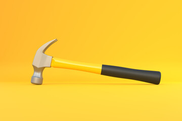 Claw hammer with yellow plastic handle isolated on yellow background. Front view, minimalism. Copy space. 3d rendering illustration