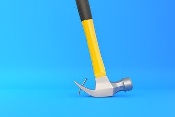 Claw hammer with yellow plastic handle pulling a nail out of a plank on blue background. Front view, minimalism. Copy space. 3d rendering illustration