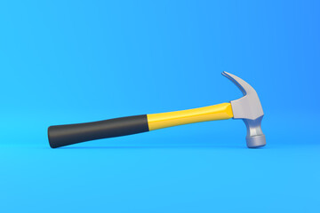 Claw hammer with yellow plastic handle isolated on blue background. Front view, minimalism. Copy space. 3d rendering illustration