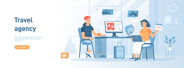 Travel agency, touristic service, tour operator. Company manager consulting client on the choosing vacation tour. Flat concept great for social media promotional material. Website banner