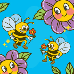 cartoon poster of bees and flowers