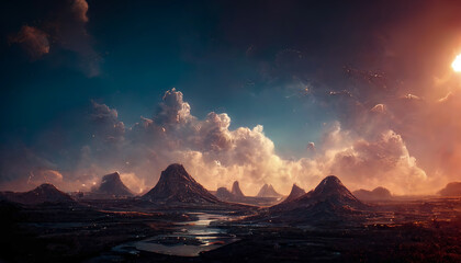 Fototapeta na wymiar Mountain fantasy landscape with beautiful sunset. 3D illustration. 