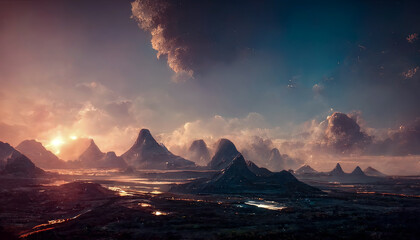 Mountain fantasy landscape with beautiful sunset. 3D illustration.
