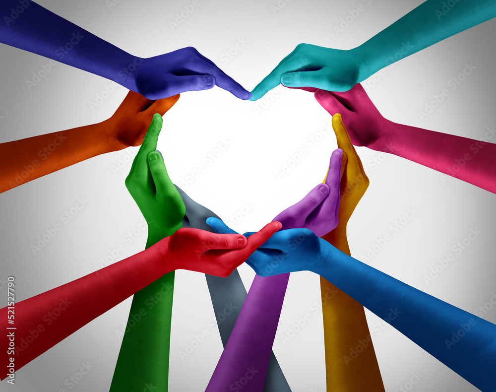 Aufkleber diversity and inclusion as a heart shape made from diverse multicultural hands as a group of differe