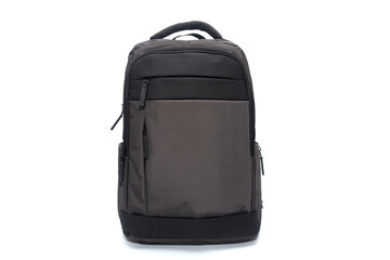 Brown and black backpack on a white background.
Front view.