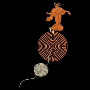Ancient Greek lady dancing on top of a round spiral maze or labyrinth symbol and a yarn ball. Ariadne thread. Creative mythological concept. On black background.