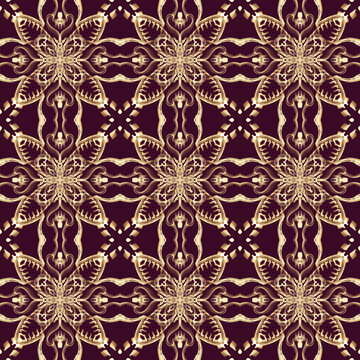 Seamless ornamental royal surface pattern in golden color with maroon background. Use for fashion design, clothing, fabrics, home decoration, bedding, wallpapers, invitations and greeting cards