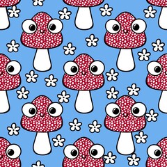 Cartoon autumn seamless mushrooms pattern for Halloween wrapping and kids accessories and clothes print