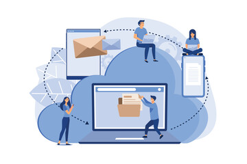 cartoon style, cloud storage, data processing, message sending, illustration for web design marketing and printed materials. flat design modern illustration