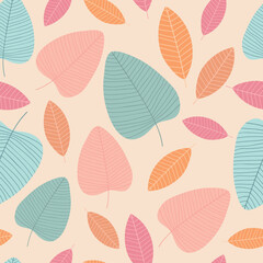 Seamless pattern with colorful leaves. Hand drawing autumn background. Vector illustration.